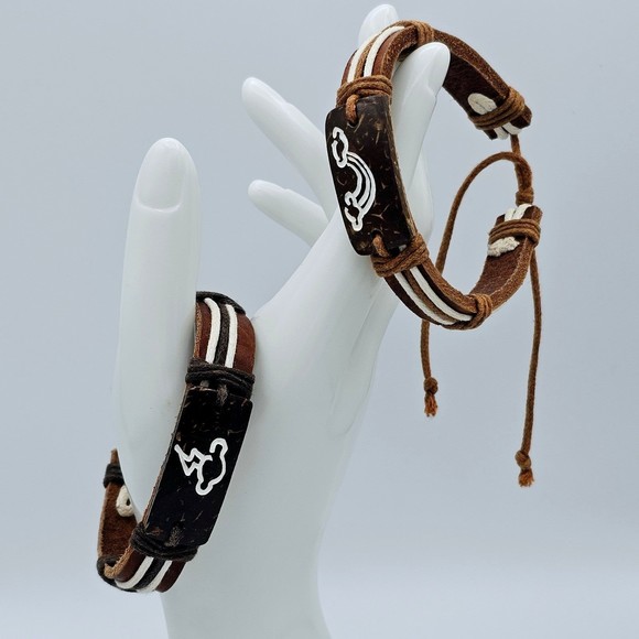 Leather Bracelet Hemp Cord Carved Rainbow Lightning Brown Tan Adjustable Slide - Picture 2 of 11